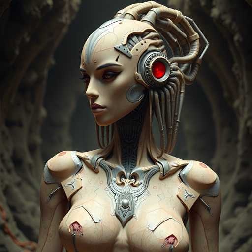 A close-up portrait showcases a humanoid cyborg with a metallic, organic design. The subject's body is a blend of polished metal and exposed circuitry, with intricate details like glowing red optics and cybernetic implants. The spatial relationship is intimate, focusing on the subject's face and upper torso against a dark, textured background. The art style is futuristic and detailed, emphasizing a blend of technology and biological elements.