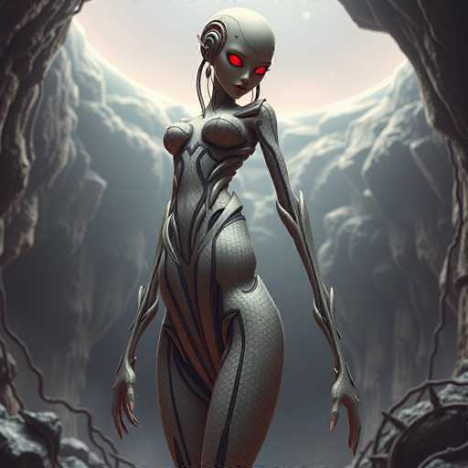 A sleek, humanoid robot with glowing red eyes stands in a cavernous, dark space. The art style is futuristic and detailed, with intricate, organic-looking armor covering the robot's body. The background features a large, pale orb partially visible behind the figure, creating a dramatic, otherworldly atmosphere.