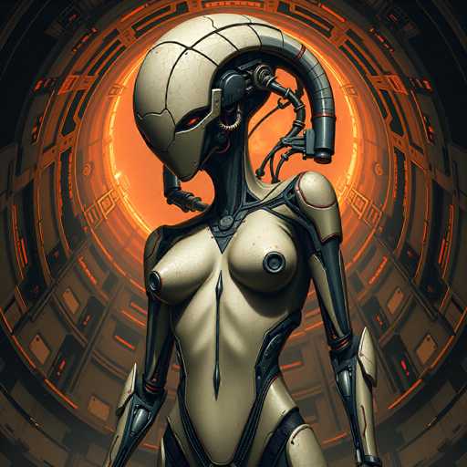 A sleek, humanoid cyborg stands centered against a glowing orange, circular backdrop of intricate mechanical patterns. The art style is futuristic and detailed, with a focus on metallic textures and sharp lines. The cyborg's body is predominantly beige and black, with glowing red eyes, creating a sense of advanced technology and perhaps a slightly unsettling presence.