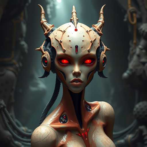 The image depicts an alien-like figure with a white head and red eyes wearing a helmet adorned with horns and a necklace of red jewels. The figure is standing against a dark background that includes a large stone archway and a metal structure in the distance.