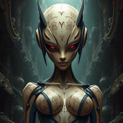 The image shows a close-up view of an alien figure with red eyes and horns on its head. The figure is wearing a black outfit adorned with intricate designs. The background features a dark green color, possibly representing the interior of a spaceship or other futuristic setting.