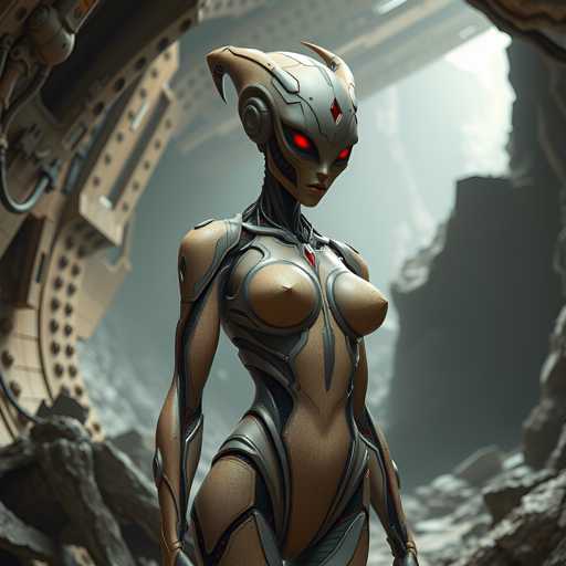 A 3D rendering of a female robot with red eyes and horns on her head, standing in front of a large rock formation that appears to be part of an industrial complex or spaceship. The robot is wearing a silver suit with red accents and has a skull-like headpiece.