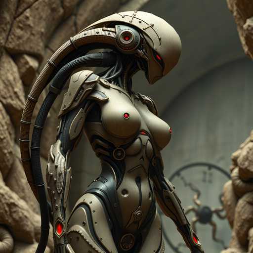 A 3D rendering of a female robot with long hair and red eyes, standing on her hind legs and facing the camera directly. The robot is wearing a silver suit that has a large headpiece and a helmet with a visor. The background features a stone wall with a circular window in the center.