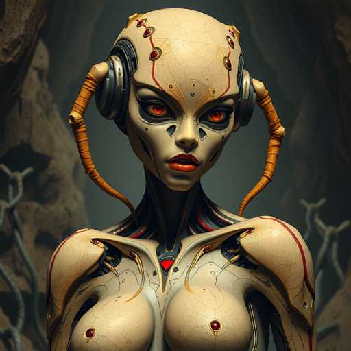 A close-up portrait showcases a humanoid cyborg with a textured, beige body and glowing red eyes. The art style is highly detailed and futuristic, emphasizing intricate mechanical elements integrated with organic forms. The cyborg's head is adorned with orange headphone-like structures, and a red heart-shaped detail adds a touch of organic contrast. The overall composition is focused and enigmatic, drawing attention to the cyborg's intense gaze.