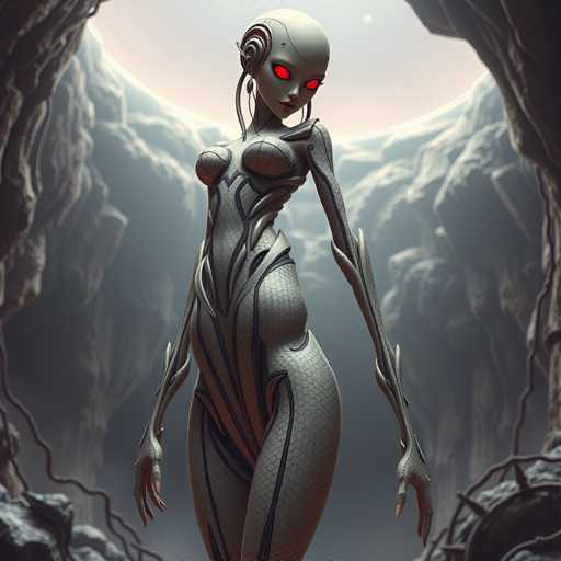 A 3D rendering of a female robot with red eyes and a red head standing on her hind legs against a backdrop of rocky mountains and a cave opening.