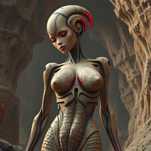A woman with red hair and a white skull design on her forehead is standing in front of a cave-like structure made of stone blocks. The woman has a futuristic appearance, including a large head adorned with horns and a body covered in metal plates that give it an industrial look.