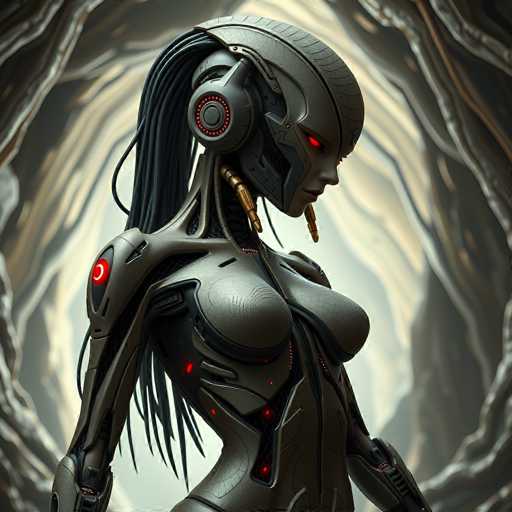 A sleek, metallic android with glowing red eyes and long black hair stands in a dimly lit, cavernous space. The art style is futuristic and detailed, emphasizing intricate mechanical design with a focus on the android's form. The spatial relationship places the android as the central figure, with the background creating a sense of depth and mystery.
