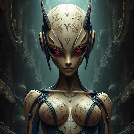 A close-up, highly detailed digital painting of a futuristic cyborg woman. She has a pale, almost porcelain skin tone with intricate red and black tribal-like patterns covering her body. Her eyes are glowing crimson red, set within a sleek, metallic faceplate that features sharp, horn-like protrusions. She wears a dark blue and black armored bodysuit with glowing orange accents on the shoulders and neck, adorned with more of the tribal patterns. Her hair is short and dark, partially obscured by a pair of large, futuristic headphones with glowing red accents. The background is a dark, industrial-looking environment with metallic structures and hints of a dimly lit space. The overall style is cyberpunk, emphasizing a blend of organic and technological elements with a focus on intricate details and a slightly menacing yet alluring aesthetic. The lighting is dramatic, highlighting the cyborg's features and creating a sense of depth and mystery.