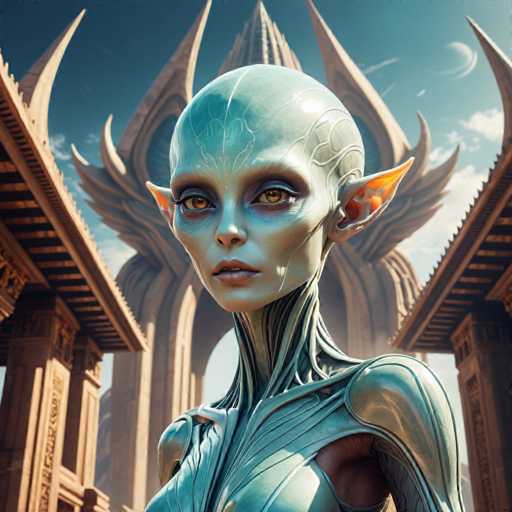 A woman with green skin and large ears stands in front of a temple-like structure made of stone pillars and arches. The woman is wearing a blue dress that contrasts with her skin color.