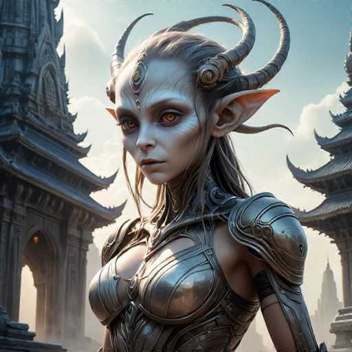 A strikingly beautiful, elven-like figure with intricate silver armor and large, spiraling horns gazes intently. She stands in front of a grand, ancient-looking temple with ornate details and a warm, slightly hazy lighting. The art style is detailed and fantastical, evoking a sense of otherworldly power and mystery.