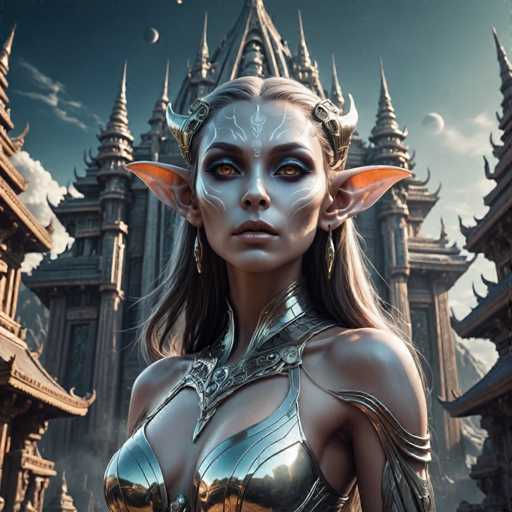 A woman with long blonde hair and large earrings stands in front of a castle-like structure made of stone and featuring multiple towers on its facade. The woman is wearing a silver bodysuit that has intricate designs on the chest area.