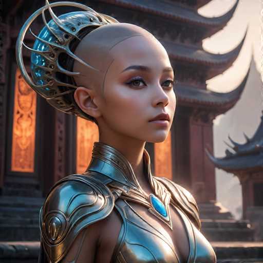 A close-up portrait features a woman with a futuristic, golden armor-like headpiece and body suit. Her expression is serene, gazing directly at the viewer. The background showcases a grand, ornate building with intricate architectural details and warm lighting, suggesting a blend of fantasy and possibly ancient Eastern aesthetics. The overall style is highly detailed and digital art-inspired, emphasizing texture and light.