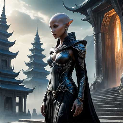 A strikingly beautiful, pale-skinned elven woman with pointed ears stands in a detailed, dark fantasy setting. She wears an ornate black and silver outfit with a flowing cape, gazing thoughtfully towards the distant, ancient-looking temple architecture. The art style is highly detailed and atmospheric, with a muted color palette emphasizing a sense of mystery and grandeur.