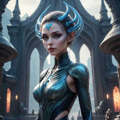 A woman with blue horns and a blue dress stands in front of an ornate building, her gaze directed straight at the camera. The building behind her is made of stone and features multiple arches and columns, suggesting it may be a historical or architectural landmark.