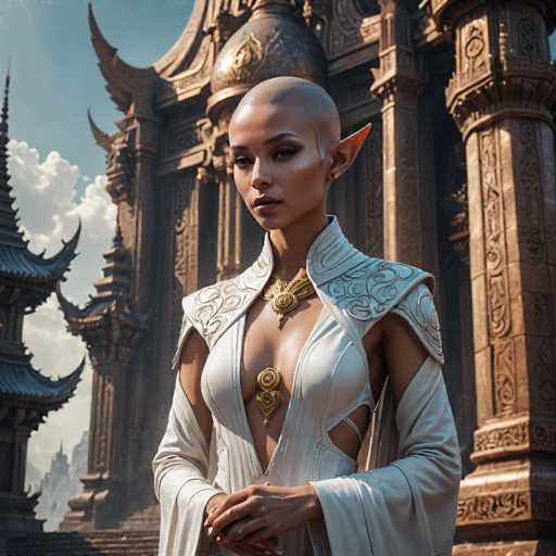 A strikingly beautiful, bald woman with pointed ears stands in front of an ornate, ancient-looking temple. She wears a flowing white garment with intricate gold detailing and a prominent golden necklace, her hands clasped in front. The warm, detailed art style evokes a fantastical, possibly Southeast Asian-inspired setting with a focus on intricate architecture and a serene atmosphere.