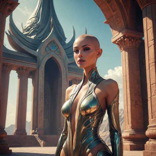 A woman stands in front of a large stone archway with intricate carvings and a blue roof, wearing a metallic bodysuit that reflects the light. The sky above is clear blue with fluffy white clouds.