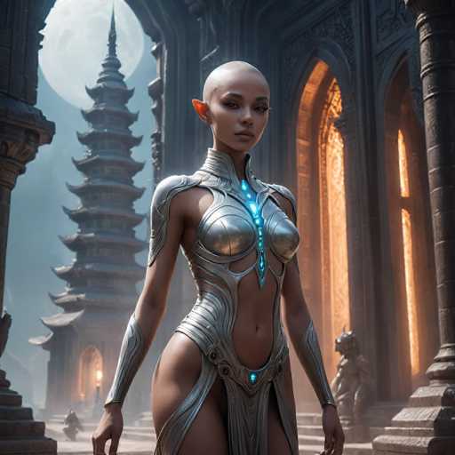 A woman stands in front of a temple with a blue sky and moon behind her. She is dressed in a silver bodysuit that features intricate designs on the chest and arms. The temple has multiple tiers and is surrounded by stone pillars.
