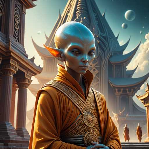A serene, close-up portrait of a humanoid alien figure in an orange robe stands in front of a grand, ornate temple. The art style is digital painting with a focus on detailed textures and soft lighting, emphasizing the alien's otherworldly features. The spatial relationship places the figure centrally, with the temple providing a majestic backdrop and smaller figures in the distance.