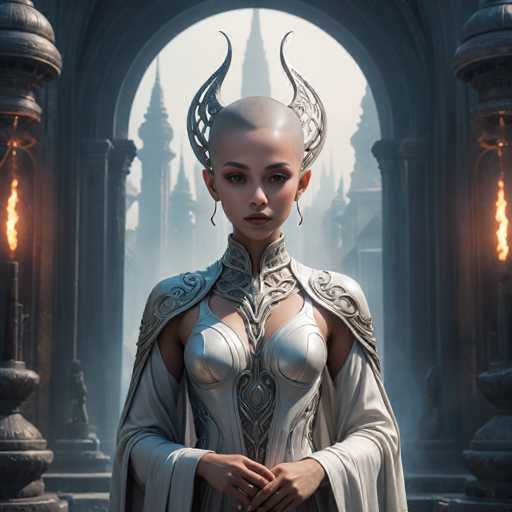 A serene, pale woman with a stylized, silver headdress stands centrally in an ornate, dimly lit archway. Her futuristic, white and silver gown features intricate detailing, and she gazes directly at the viewer with a calm expression. The background suggests a grand, possibly fantastical, architectural setting.
