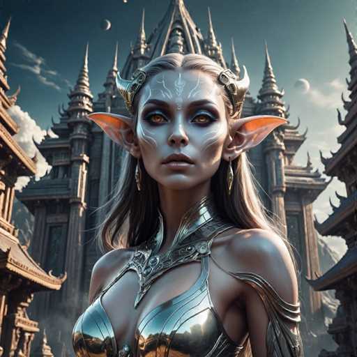 A captivating elven woman with pointed ears and ornate silver armor stands in front of a majestic, fantastical temple. The art style is highly detailed and painterly, with soft lighting emphasizing the intricate textures of her armor and the temple architecture. The spatial relationship places the woman as a central figure, dwarfed yet prominent against the grand backdrop of the ancient structure.