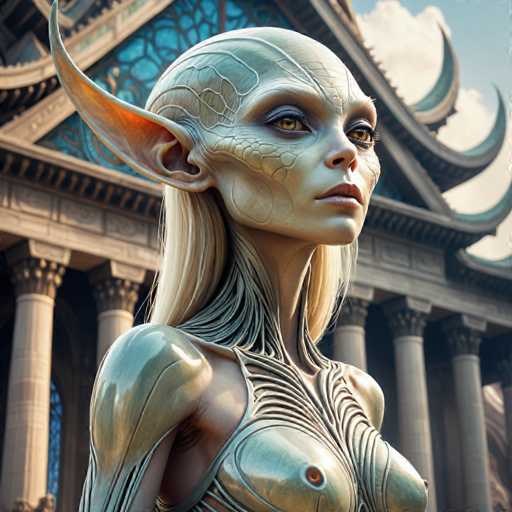 A close-up portrait features a strikingly beautiful, humanoid alien with metallic skin and large, pointed ears. She gazes upwards towards an ornate, futuristic building with intricate architectural details. The art style is highly detailed and digital, emphasizing a blend of organic and technological elements in this otherworldly figure.