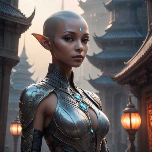 A strikingly beautiful, bald woman with pointed ears and intricate silver armor stands in a fantastical, ancient-style setting. She gazes directly at the viewer with a serene expression. The background features ornate, dark architecture bathed in a warm, hazy light, creating a sense of mystery and grandeur. The art style is detailed and digital, emphasizing intricate textures and soft lighting.