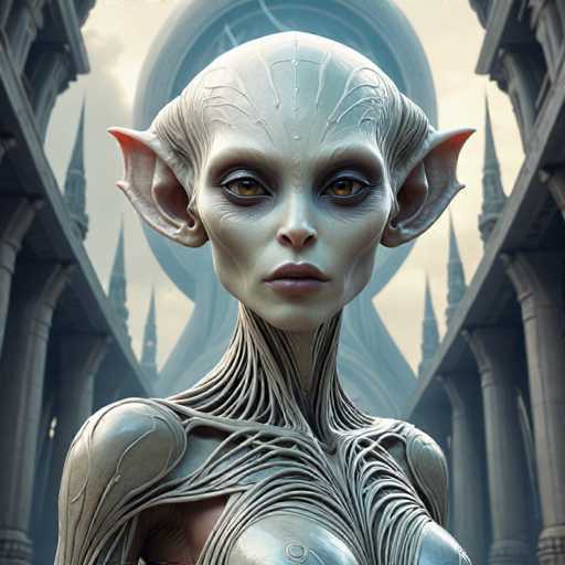 A close-up portrait of a humanoid alien figure dominates the frame, showcasing intricate, organic-looking skin and delicate, large ears. The subject is positioned in front of a grand, futuristic cityscape with towering, ornate architecture receding into the distance. The art style is highly detailed and fantastical, emphasizing a blend of biological and technological elements with a soft, ethereal lighting.