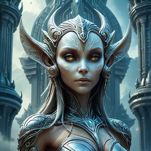 A captivating, close-up portrait of a fantastical, silver-skinned being with large, glowing yellow eyes dominates the frame. She wears intricate, ornate armor and a majestic headpiece adorned with swirling, metallic designs. The background features towering, ethereal architecture in muted blues and grays, creating a sense of grandeur and otherworldly beauty. The art style is highly detailed and digital painting-like, emphasizing intricate textures and dramatic lighting.
