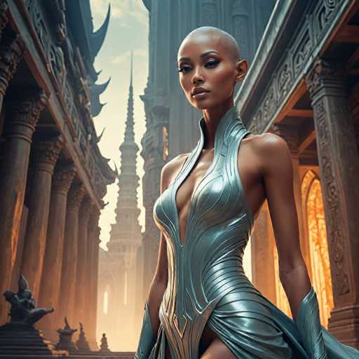 A woman stands confidently against an ancient stone wall with a temple-like structure on either side of her. She is dressed in a futuristic silver dress that flows down to the floor and features intricate designs. The background is filled with architectural elements such as columns and arches, creating a sense of depth and grandeur.