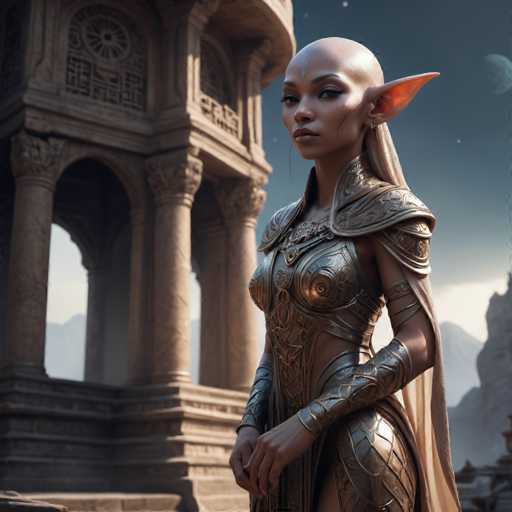A strikingly beautiful, bald elven woman in ornate golden armor stands confidently before a grand, ancient stone structure. The spatial relationship places her as the focal point, with the architecture providing a majestic backdrop. The art style is highly detailed and fantastical, evoking a sense of ancient fantasy and otherworldly elegance.