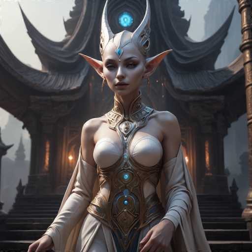 A woman with white hair and a blue eye is standing in front of an ornate temple made of stone, wearing a golden dress that features intricate designs. The temple has a pointed roof and multiple towers on either side, creating a sense of grandeur and majesty.