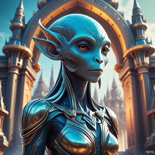 A strikingly beautiful, blue-skinned alien figure with large, expressive eyes stands in the foreground, adorned in intricate, metallic armor. Behind her, a grand, ornate, golden-toned structure with towering spires and an arched gateway creates a fantastical backdrop. The art style is highly detailed, leaning towards a futuristic, possibly sci-fi aesthetic with a focus on intricate textures and lighting.