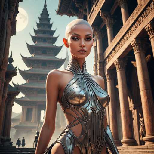 A strikingly beautiful, bald woman in a futuristic, metallic outfit stands confidently amidst ancient, ornate Chinese architecture. The scene blends fantasy and historical elements with a detailed, photorealistic style, emphasizing the woman's powerful presence against the grand backdrop. A full moon hangs in the sky, adding a mystical touch.