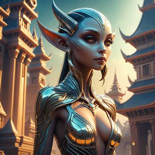 The image depicts a woman with long hair and large horns wearing a metallic outfit that appears to be made of silver or gold. She is standing in front of a temple-like structure, which has multiple tiers and intricate designs on its roof. The background features a sky filled with clouds, adding depth to the scene.