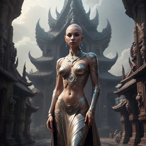 A woman stands in front of a temple with intricate designs and towers reaching towards the sky. She is adorned in a metallic bodysuit that gleams under the light, and her hair is styled in an elegant updo. The temple behind her is constructed from stone and features multiple levels and towers, showcasing the architectural prowess of the era.