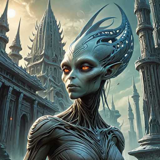 A strikingly alien figure with glowing orange eyes stands in a vast, futuristic cityscape. The subject's body is intricately detailed with organic, metallic textures and sharp, angular features. Behind her, towering, gothic-inspired structures dominate the scene, creating a sense of grandeur and otherworldly scale. The art style is highly detailed and fantastical, emphasizing intricate design and a dramatic, atmospheric perspective.