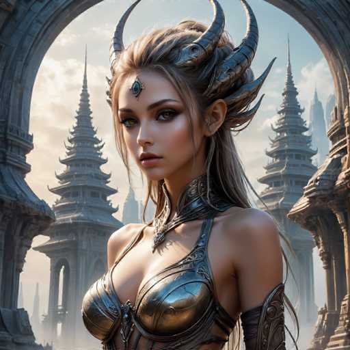 The image depicts a woman with blonde hair and long bangs wearing a silver bodysuit adorned with intricate designs. She is standing in front of two large, ornate buildings that appear to be made of stone or concrete, possibly part of an ancient temple complex. The background features a sky filled with clouds, adding depth to the scene.