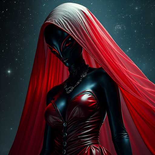 A mysterious, dark-skinned figure with a red hooded cloak and glowing red eyes dominates the image. The figure's form is sleek, almost metallic, with a deep red dress and ornate silver collar. The spatial relationship places the figure centrally against a dark, starry backdrop, creating an otherworldly and enigmatic atmosphere. The art style is digital painting with a focus on dramatic lighting and texture.