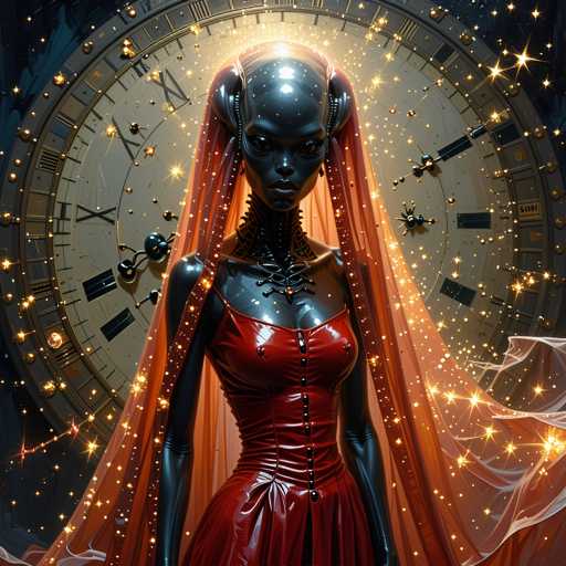 The image depicts a woman with long hair and an orange dress standing in front of a large clock that is surrounded by stars. The woman's face is partially obscured by her red headband, which adds to the overall surreal atmosphere of the scene.