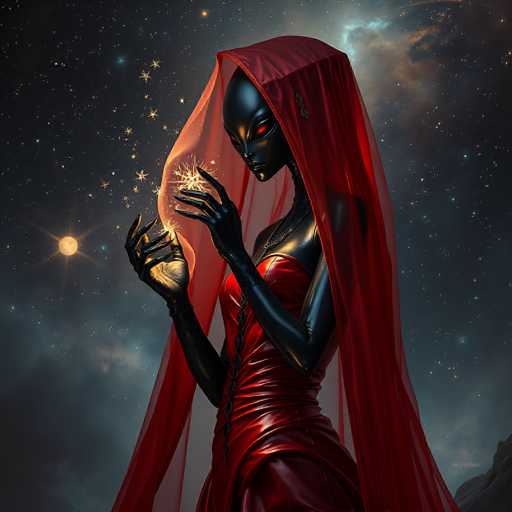 A strikingly beautiful, dark-skinned alien figure with glowing eyes and a red flowing cloak holds a sparkling, golden orb in their hands. The scene is set against a backdrop of a starry, nebula-filled sky, with a radiant sun partially visible. The art style is digital painting, emphasizing a blend of fantasy and cosmic elements with a focus on dramatic lighting.