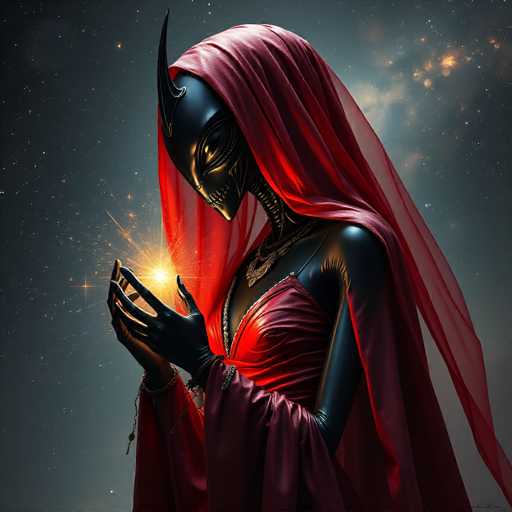 A dark, enigmatic figure in a black, ornate mask and red cloak holds glowing hands, radiating a warm light. The art style is digital fantasy, with a focus on dramatic lighting and intricate details, set against a dark, starry backdrop. The figure's posture suggests reverence or focused intent.