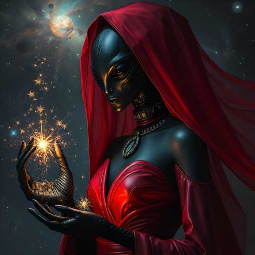 A dark, metallic figure with glowing eyes and a red hood holds a vibrant, sparkling star in their hands. The figure's sleek, dark form contrasts with the bright, ethereal sparks and a distant, swirling nebula in the cosmic background. The art style is a blend of fantasy and science fiction, with a focus on dramatic lighting and intricate detail.