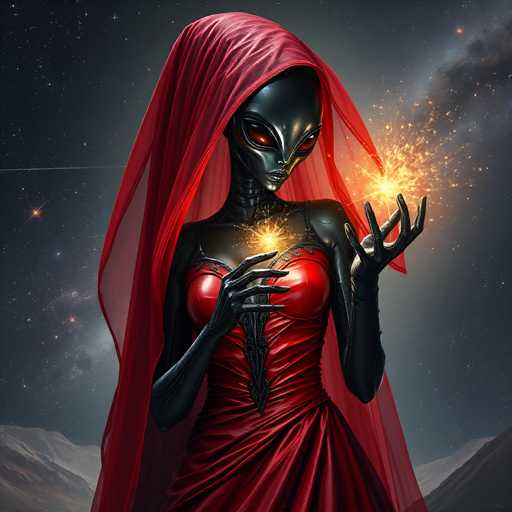 A strikingly beautiful, dark-skinned alien figure with glowing red eyes and a flowing red cloak stands against a starry, mountainous backdrop. The art style is digital fantasy, emphasizing dramatic lighting and intricate details of the alien's form and glowing energy emanating from their hands.