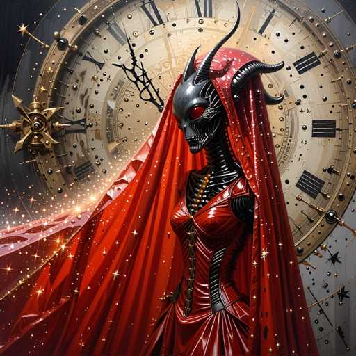 A dark, mechanical figure with a red cloak and skull-like face stands before an ornate clock. The art style is a blend of steampunk and gothic fantasy, with intricate details in the mechanical design and dramatic lighting. The figure's spatial placement emphasizes a sense of timelessness, with the clock's hands frozen at an unknown time.