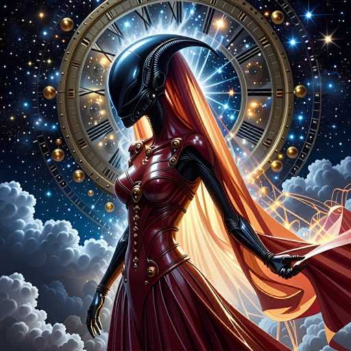 A futuristic, humanoid figure with a metallic, helmet-like head and flowing red gown stands amidst swirling clouds and a celestial clock face. The art style is digital painting, emphasizing a blend of science fiction and fantasy with a cosmic aesthetic.
