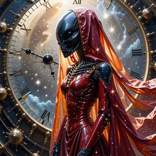 A futuristic, metallic figure with a clockwork head and red gown stands in front of a large, ornate clock face. The figure's body is detailed with intricate mechanical elements and glowing accents, set against a backdrop of swirling celestial patterns. The art style is highly detailed and fantastical, emphasizing a blend of technology and cosmic themes.