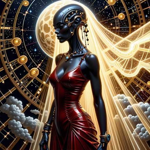 A futuristic, dark-skinned woman with intricate cybernetic enhancements stands bathed in golden light against a backdrop of a glowing moon and a celestial, clockwork-inspired cosmos. The art style is highly detailed, with a focus on smooth, metallic textures and an ethereal, otherworldly atmosphere.