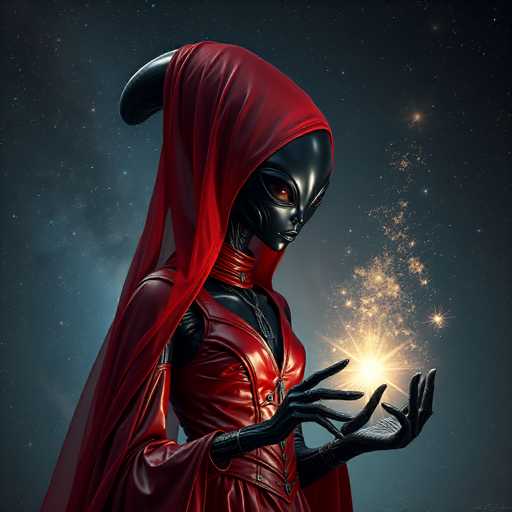 A sleek, black, humanoid figure with a red hooded cloak and glowing eyes holds a radiant orb of light in their outstretched hands. The art style is digital painting, emphasizing a dark, ethereal atmosphere with a focus on intricate details and soft lighting. The figure is positioned against a starry, dark blue backdrop, creating a sense of mystery and otherworldly power.