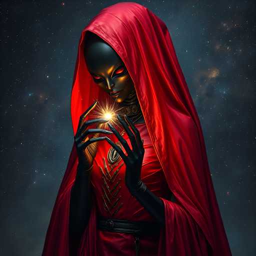 A mysterious, dark-skinned figure with glowing golden eyes and a red hood holds a radiant, glowing orb in their hands. Dressed in black and red, the figure's gloved hands cradle the orb, creating a dramatic contrast against the dark, starry background. The art style is fantastical and ethereal, with a focus on dramatic lighting and intricate details.