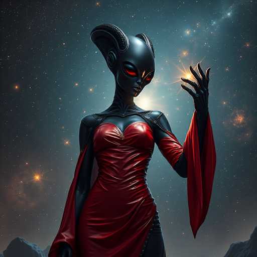 A strikingly beautiful, black alien figure with glowing red eyes and ornate, dark armor stands amidst a starry, cosmic landscape. She wears a flowing red dress with long, flared sleeves and holds a glowing orb in her outstretched hand. The art style is digital painting with a focus on dramatic lighting and detailed textures, creating a fantastical, otherworldly atmosphere.